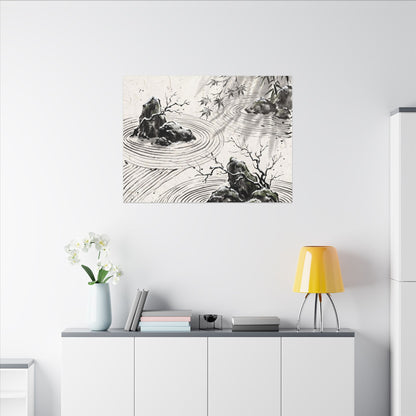 Rock Garden Canvas Art | Winter Zen Sumi E Art