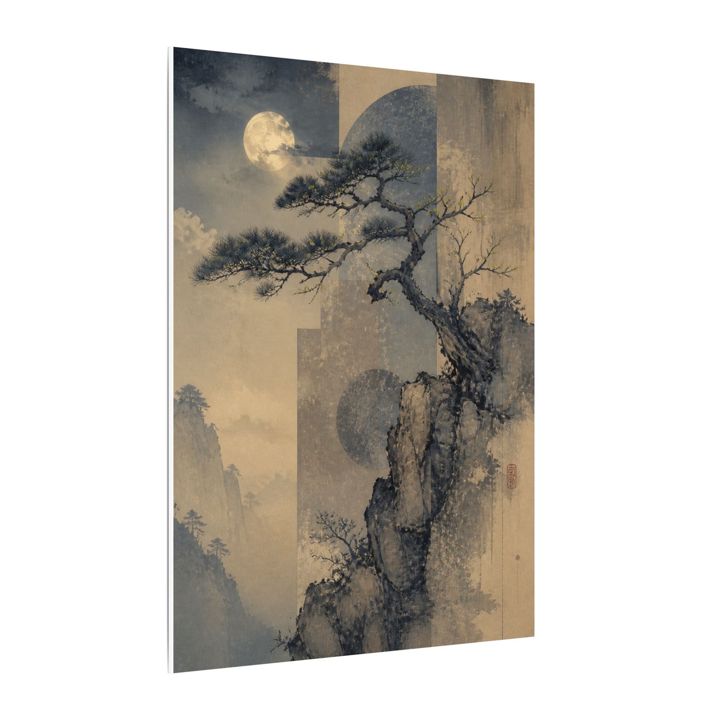 Japandi Pine Tree in Moonlight | Japanese Pattern Canvas Art