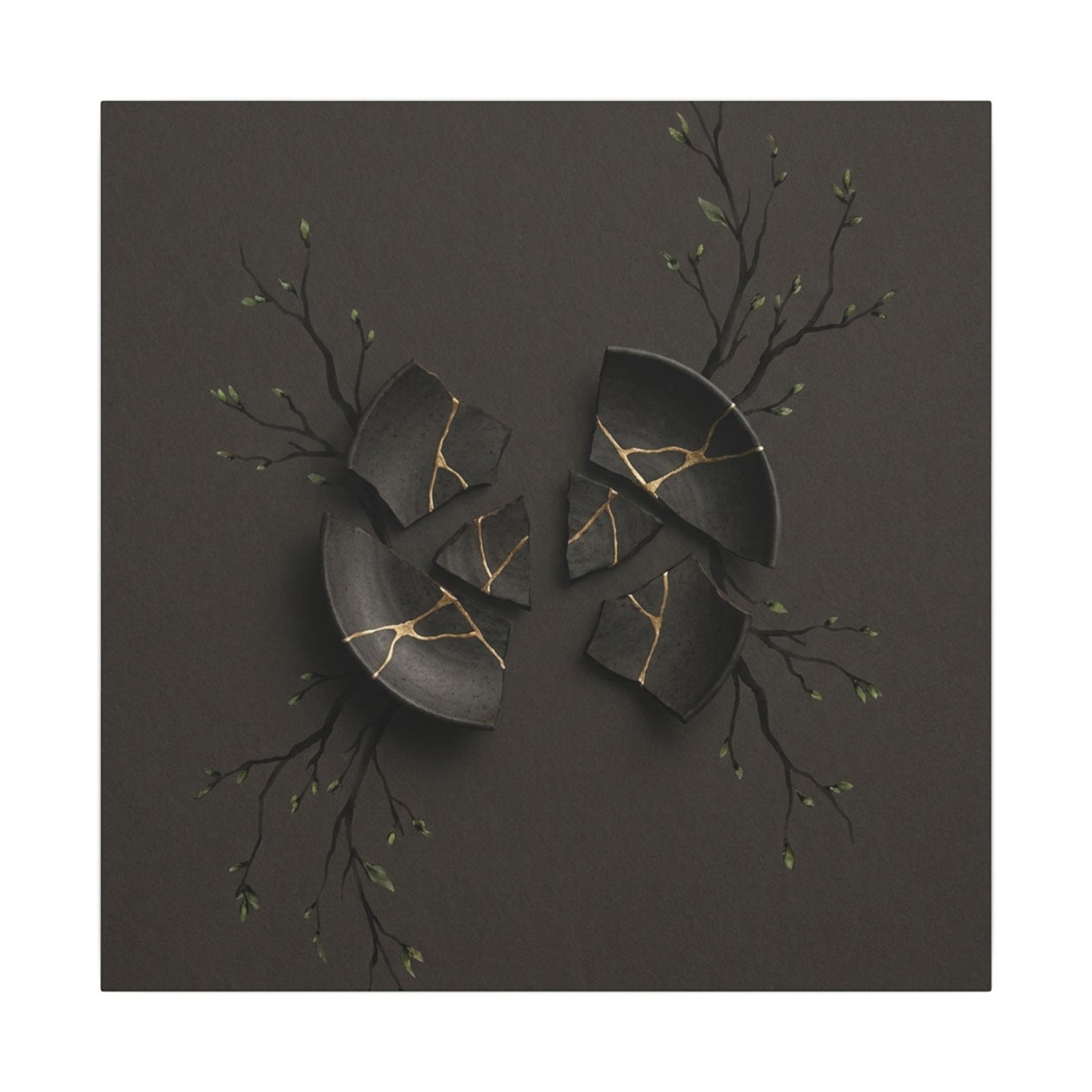 Sophisticated Broken Pottery Canvas Art - Charcoal Ink Dark Japandi