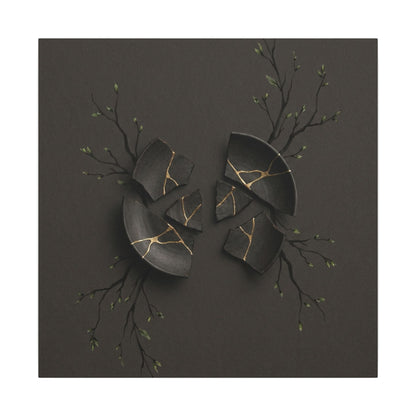Sophisticated Broken Pottery Canvas Art - Charcoal Ink Dark Japandi
