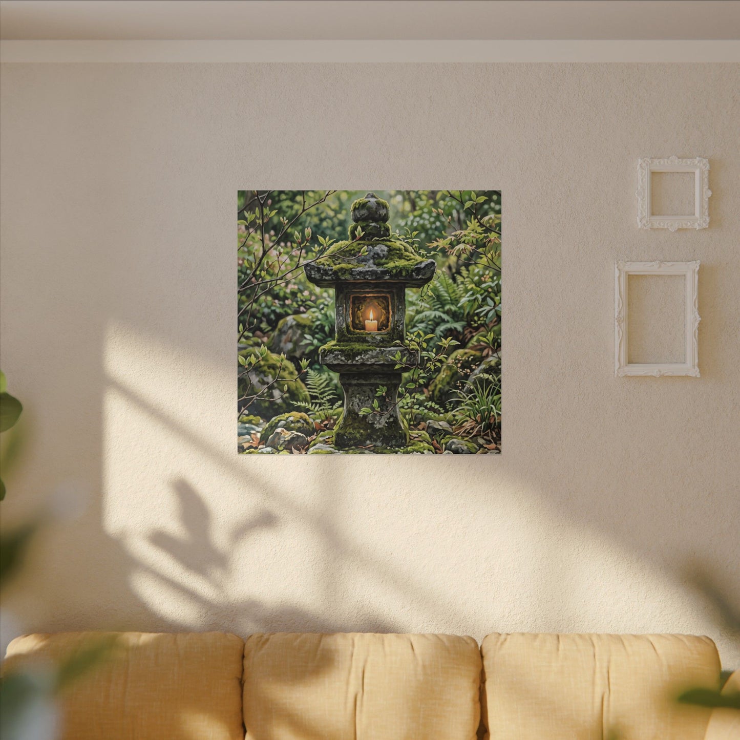 Neutral Stone Lantern Canvas Art - Japanese Pattern Japandi