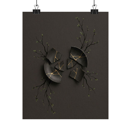 Dark Japandi Broken Pottery in Overcast | Charcoal Ink Wall Art Print