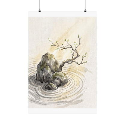 Zen Rock Garden in Golden Hour | Sumi E Wall Art Print Art Print