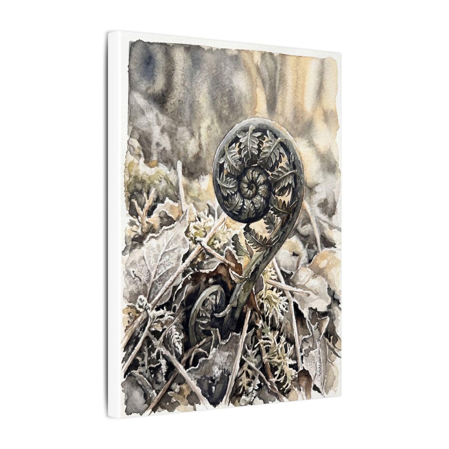 Japandi Fern Unfurling in Golden Hour | Watercolor Canvas Art
