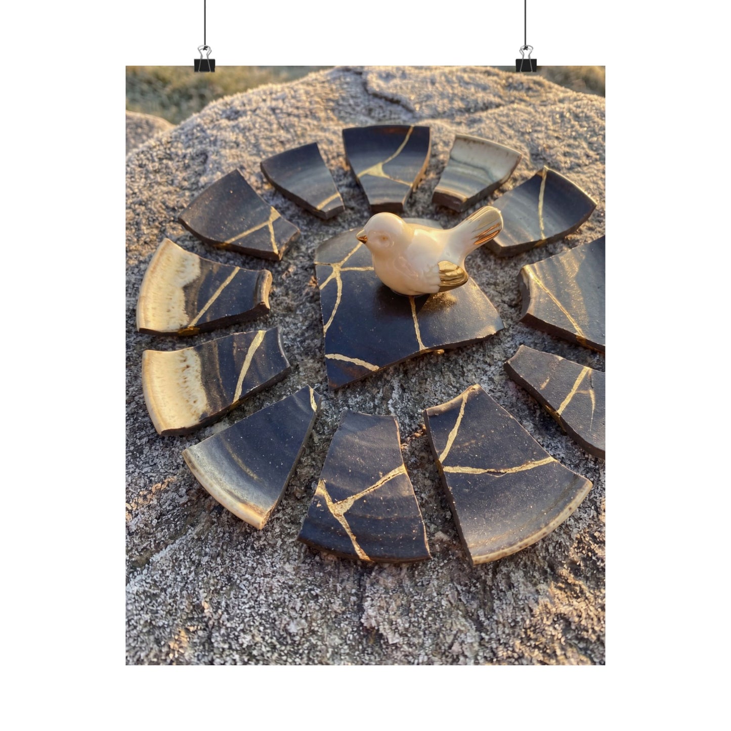 Kintsugi Broken Pottery in Golden Hour | Gold Repair Wall Art Print Art Print