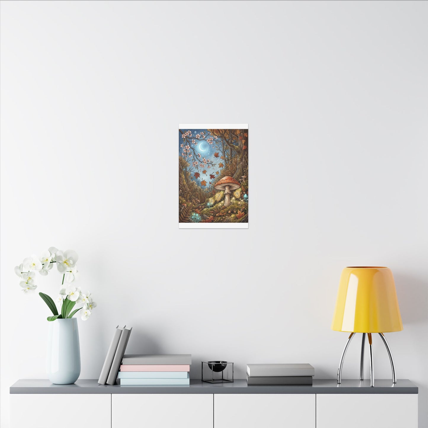 Autumn Cherry Blossom Mushroom Illustration Canvas Art | Enchanting Decor