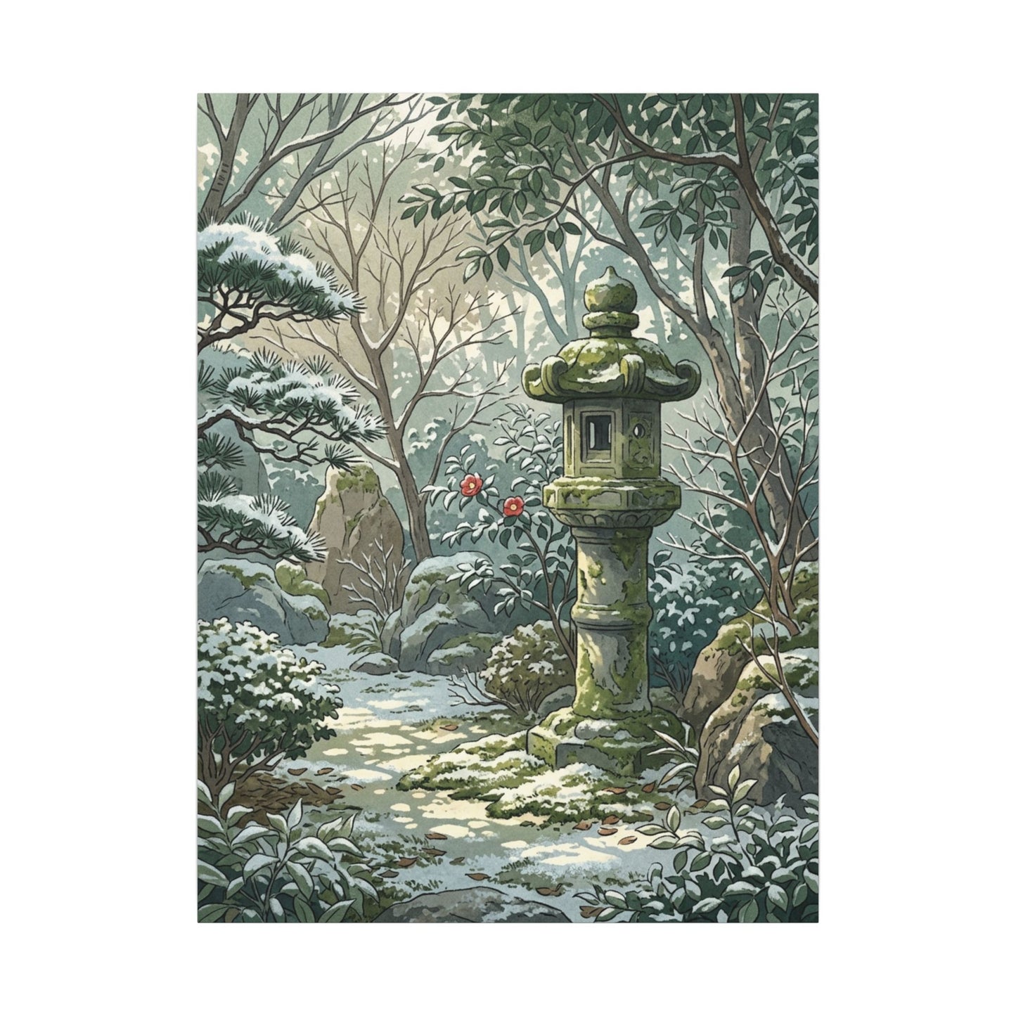 Stone Lantern Winter Canvas Art | Japandi Warm Design
