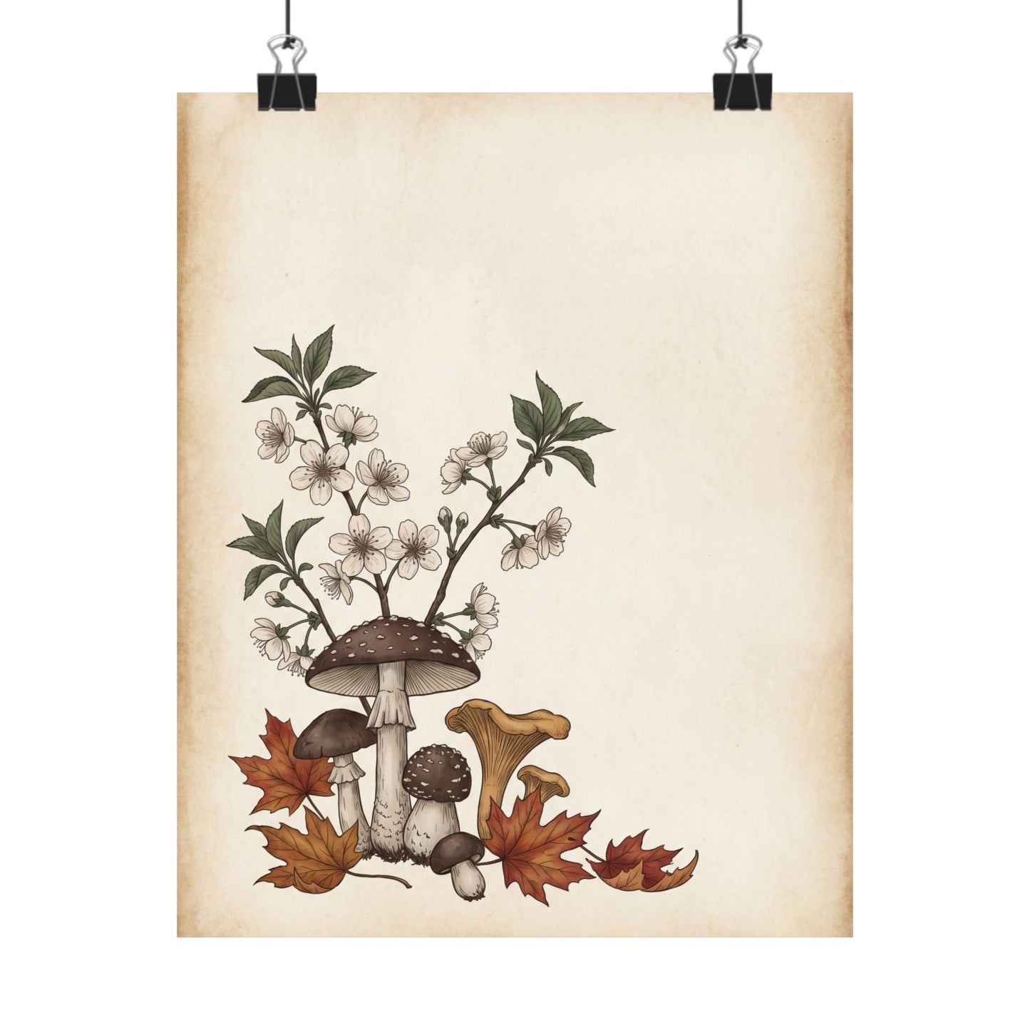 Autumn Cherry Blossom Mushroom Illustration Wall Art Print | Enchanting Decor