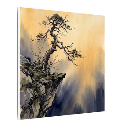 Zen Pine Tree in Golden Hour | Sumi E Canvas Art