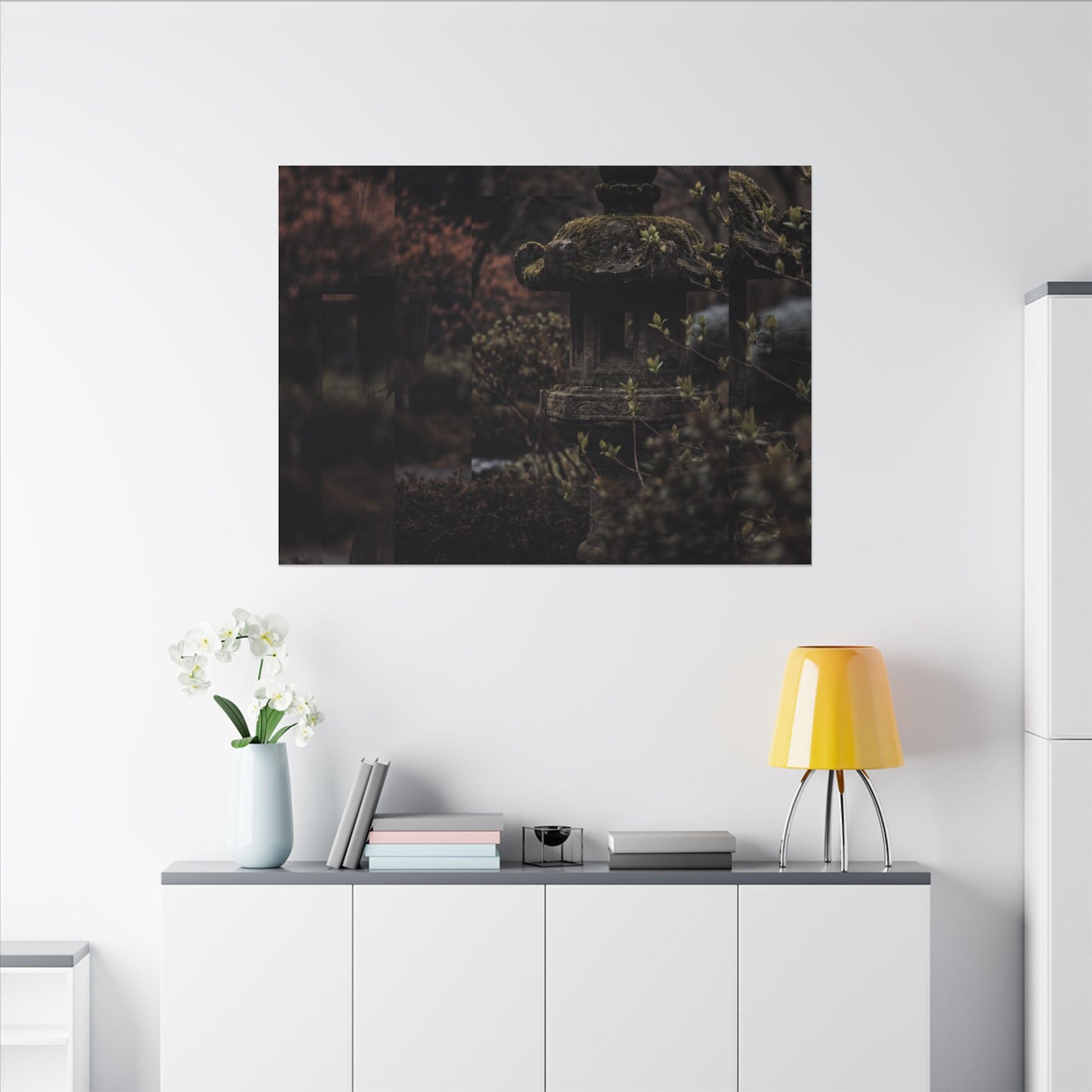 Stone Lantern Spring Canvas Art | Dark Japandi Bold Design