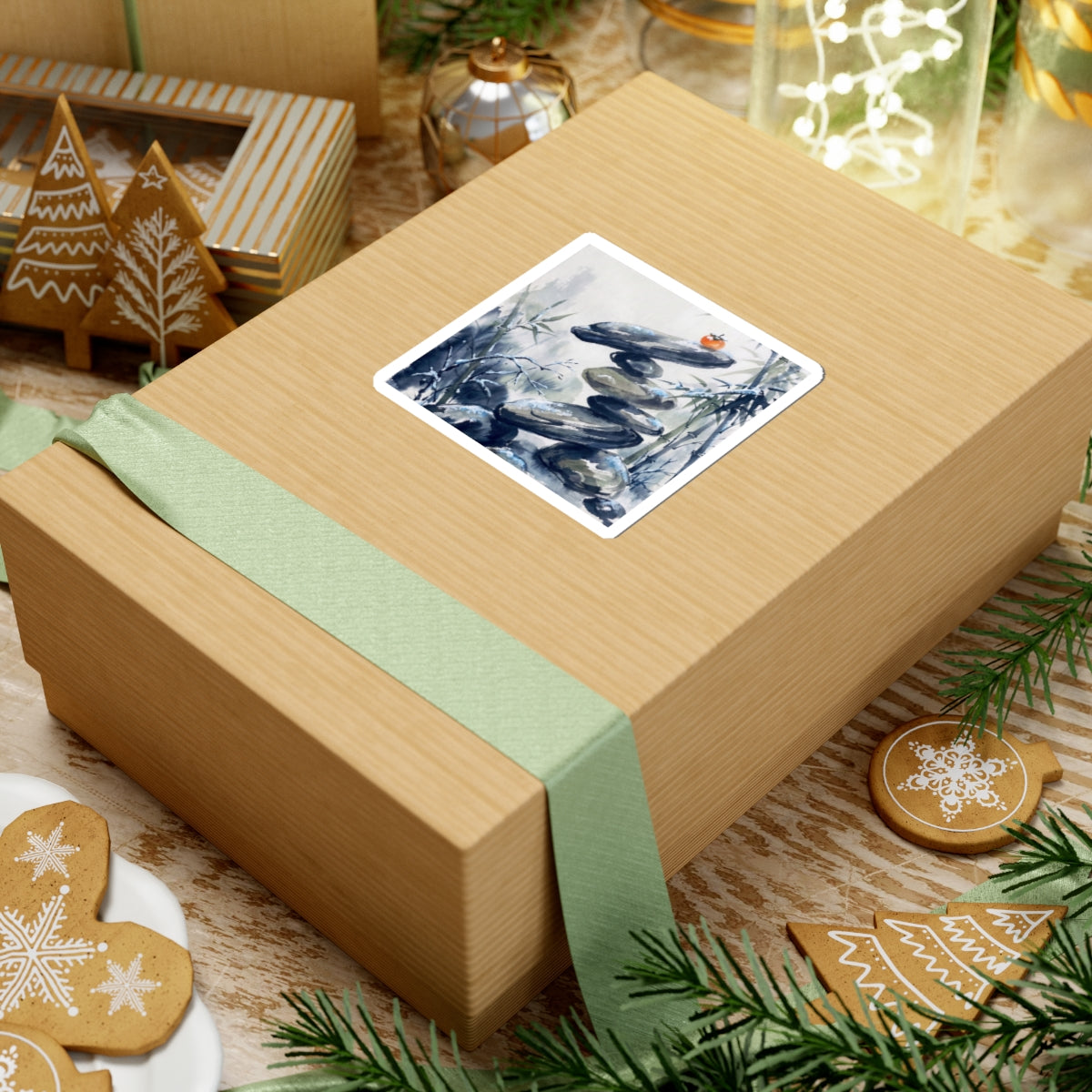 Zen River Stones in Moonlight | Sumi E Sticker Art Print