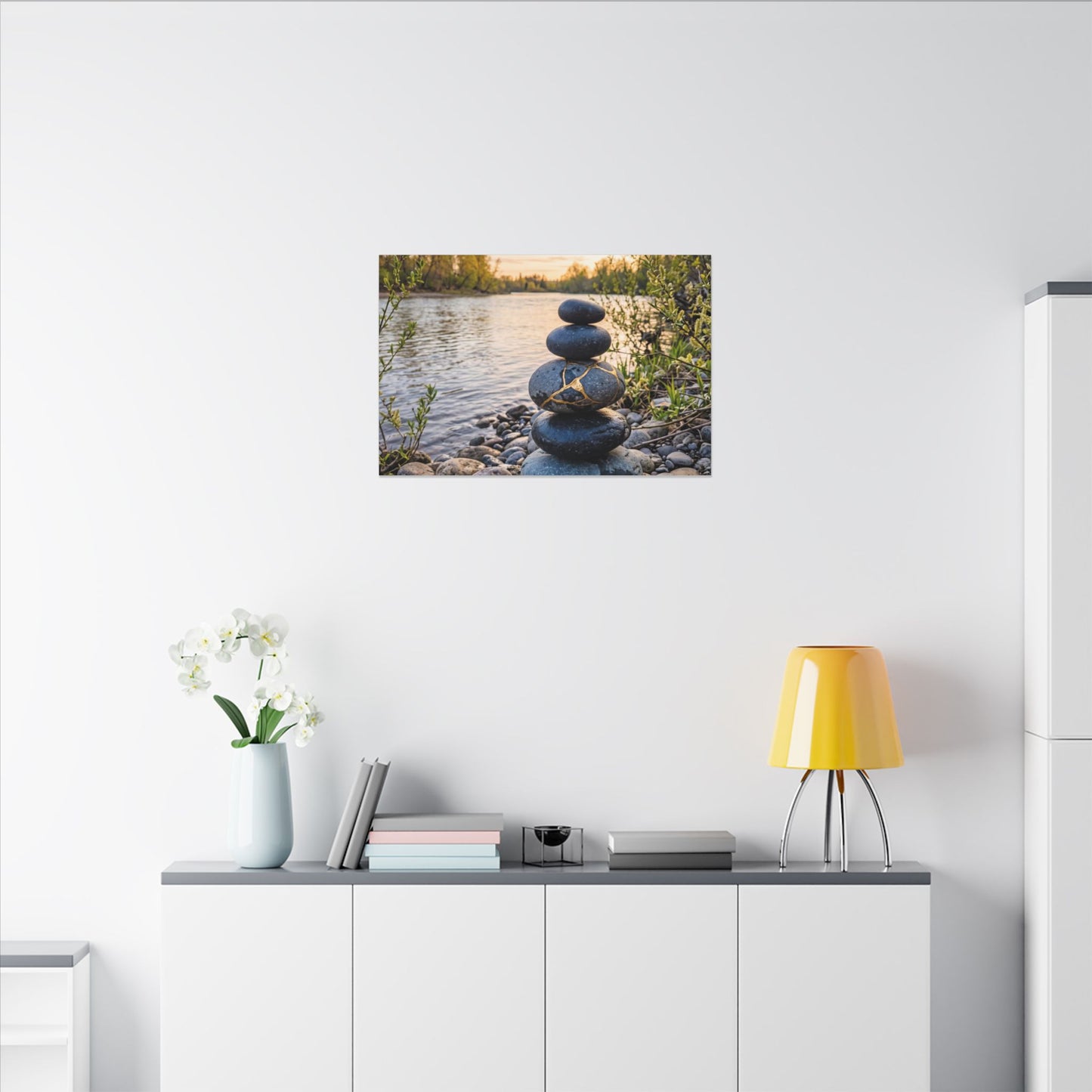 Kintsugi River Stones in Golden Hour | Gold Vein Canvas Art
