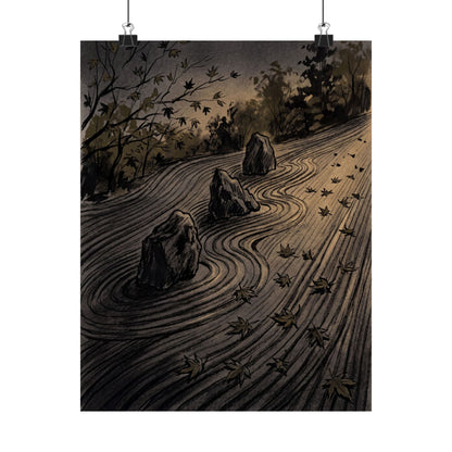 Rock Garden Autumn Wall Art Print | Dark Japandi Sophisticated Design