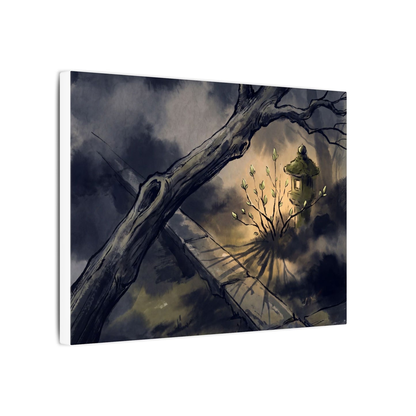 Dark Japandi Moonlit Garden in Golden Hour | Charcoal Ink Canvas Art