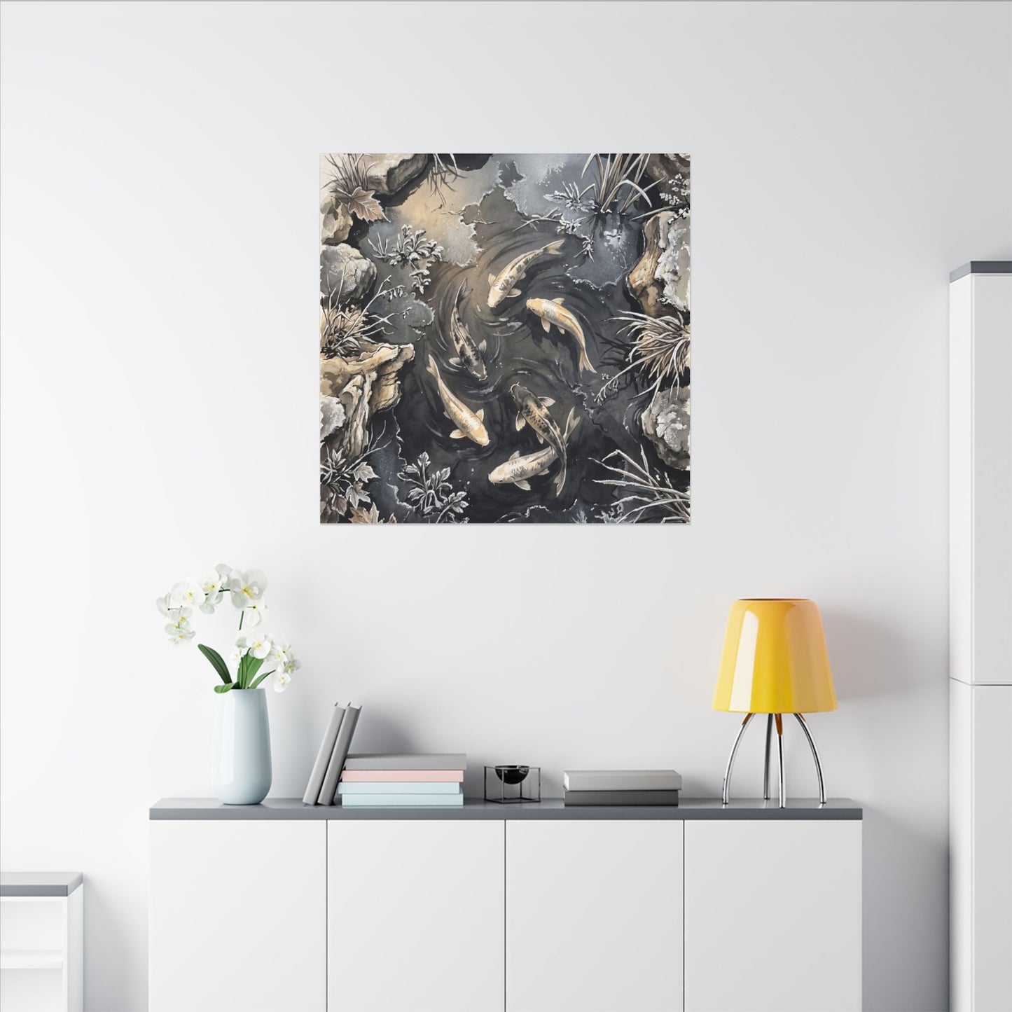 Koi Pond Canvas Art | Winter Japandi Japanese Pattern Art