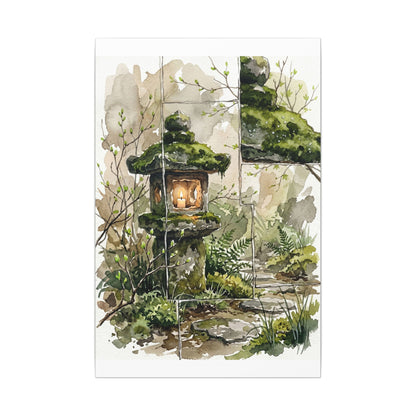 Stone Lantern Watercolor Canvas Art | Elegant Japandi Art