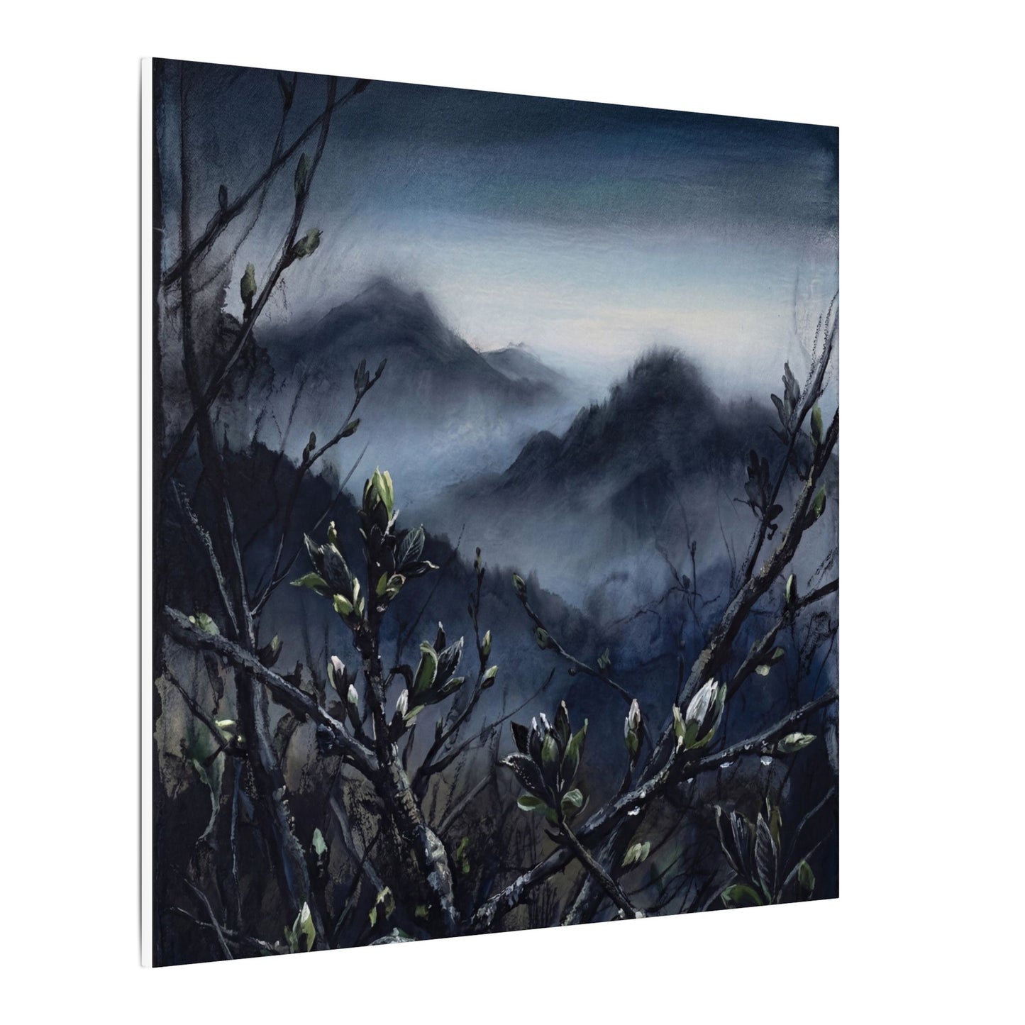 Mountain Mist Spring Canvas Art | Dark Japandi Atmospheric Design
