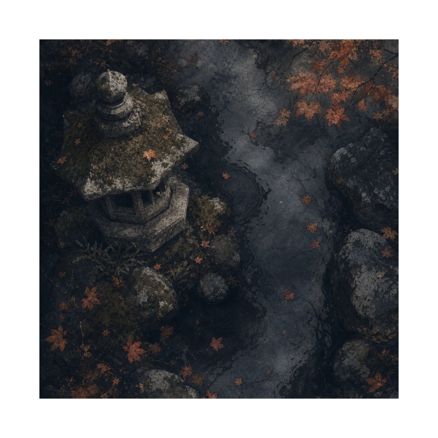 Japandi Stone Lantern in Moonlight | Texture Wall Art Print