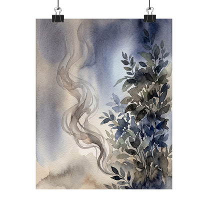 Japandi Incense Smoke in Moonlight | Watercolor Wall Art Print