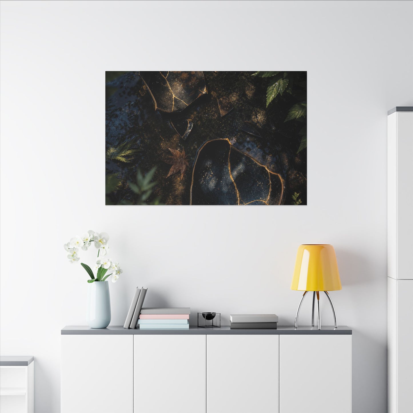 Dark Japandi Broken Pottery in Dappled | Shadow Zen Canvas Art