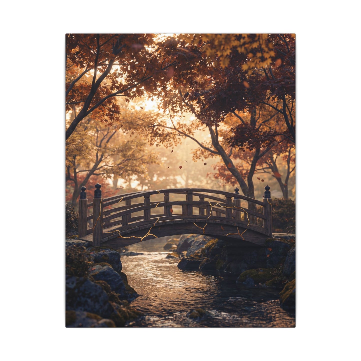 Autumn Wooden Bridge Gold Vein Canvas Art | Resilient Decor