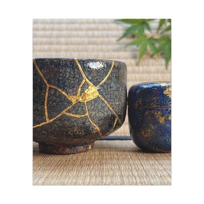 Tea Ceremony Crackle Gold Canvas Art | Philosophical Kintsugi Art