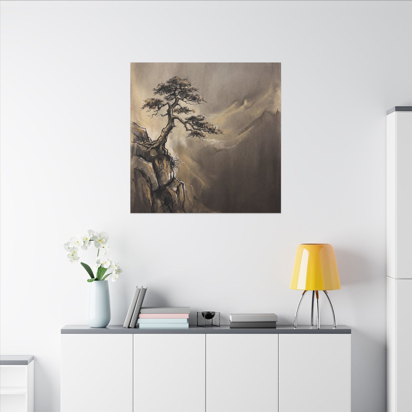 Pine Tree Charcoal Ink Canvas Art | Luxurious Dark Japandi Art