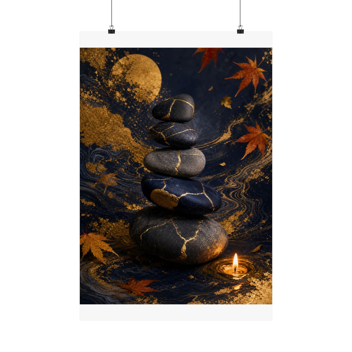 River Stones Wall Art Print | Autumn Kintsugi Gold Vein Art