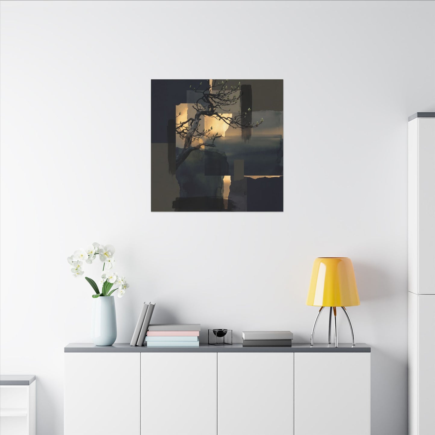 Golden Hour Pine Tree Canvas Art - Dark Japandi Kanso