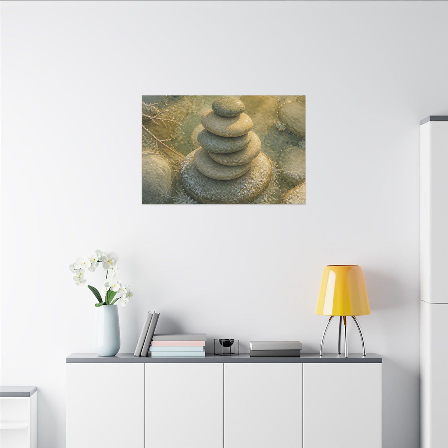 River Stones Watercolor Canvas Art | Elegant Japandi Art