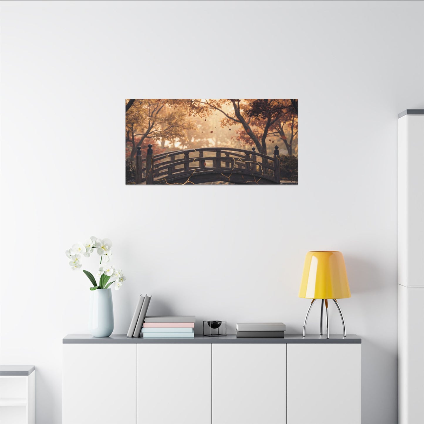 Autumn Wooden Bridge Gold Vein Canvas Art | Resilient Decor