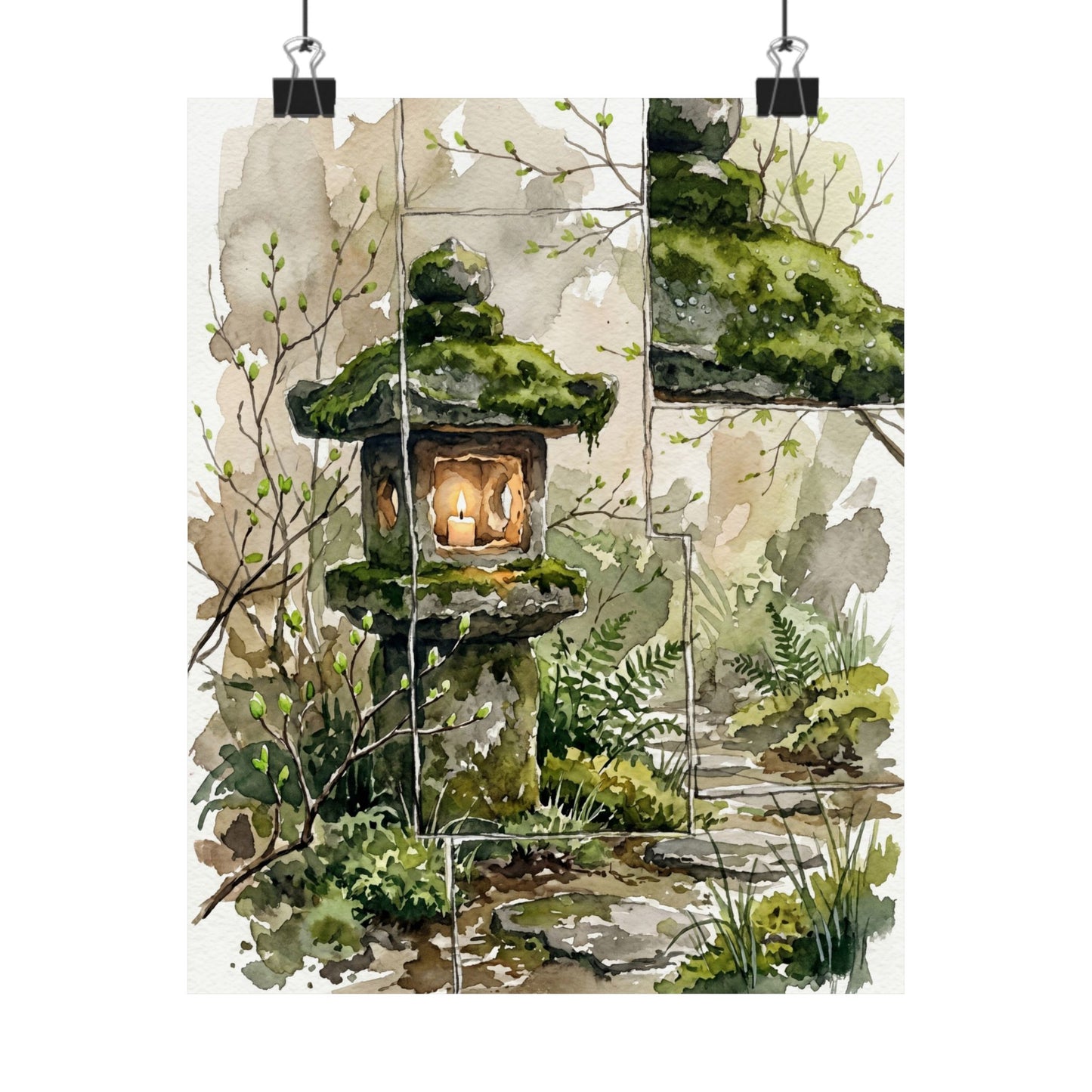Stone Lantern Spring Wall Art Print | Japandi Neutral Design