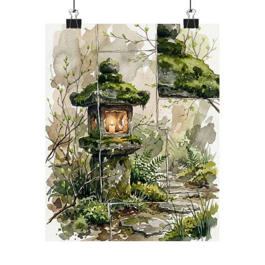 Stone Lantern Spring Wall Art Print | Japandi Neutral Design