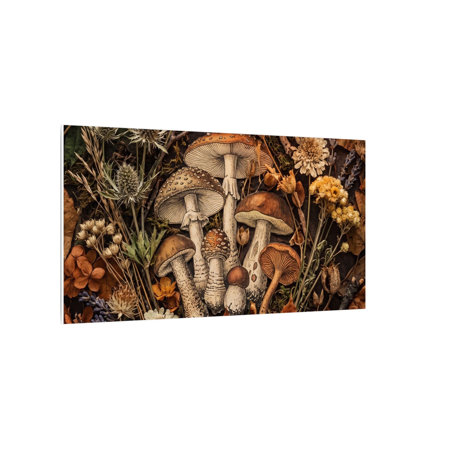 Autumn Dried Flowers Mushroom Illustration Canvas Art | Earthy Decor