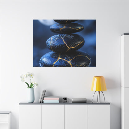 River Stones Canvas Art | Winter Kintsugi Gold Repair Art