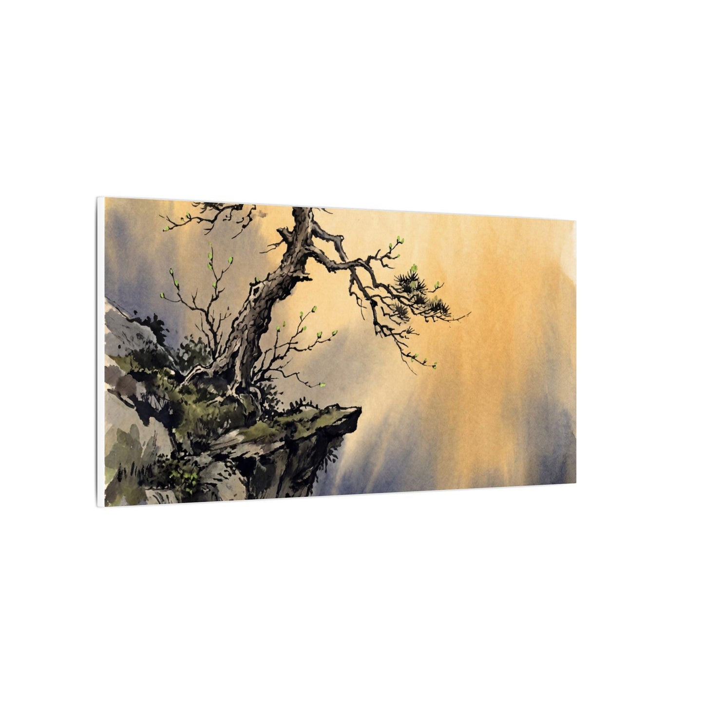 Zen Pine Tree in Golden Hour | Sumi E Canvas Art