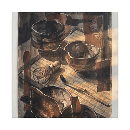 Tea Ceremony Charcoal Ink Canvas Art | Luxurious Dark Japandi Art