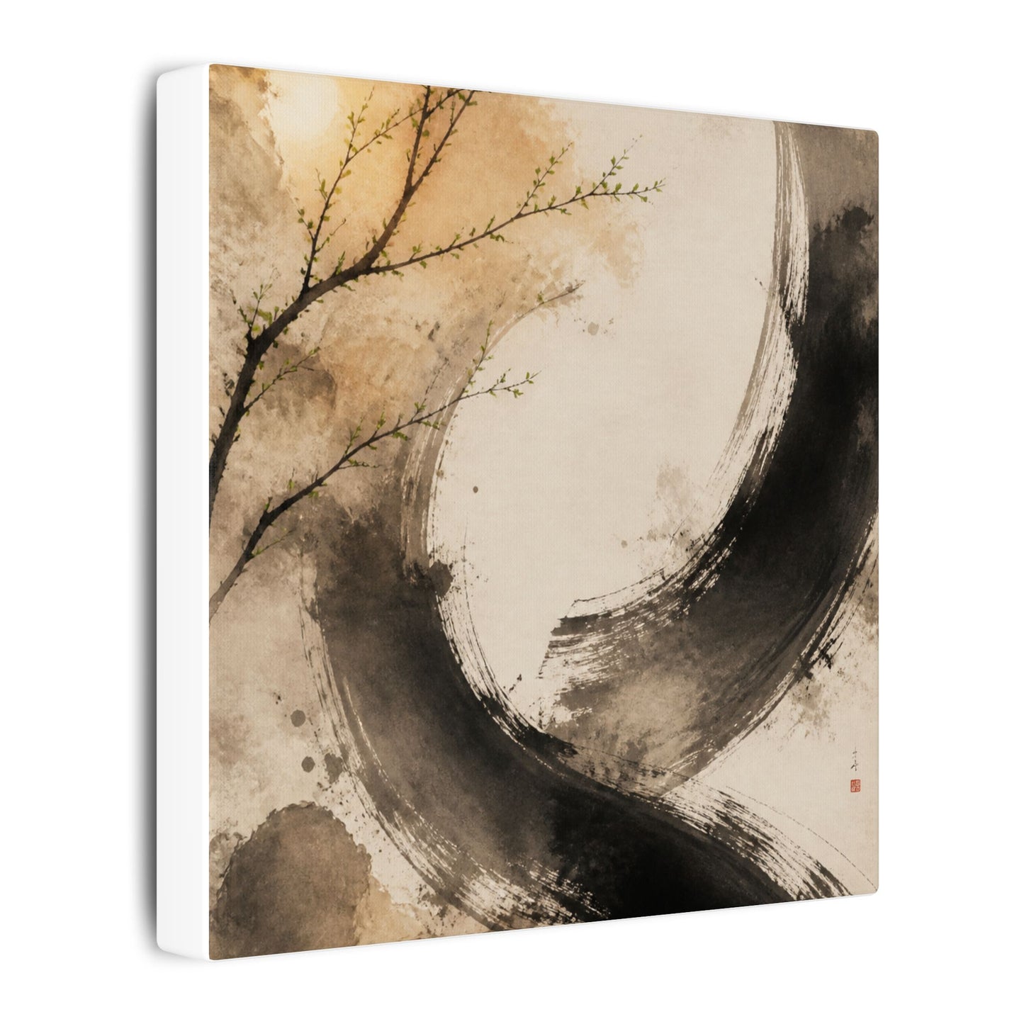 Japandi Ink Brushstroke in Golden Hour | Watercolor Canvas Art