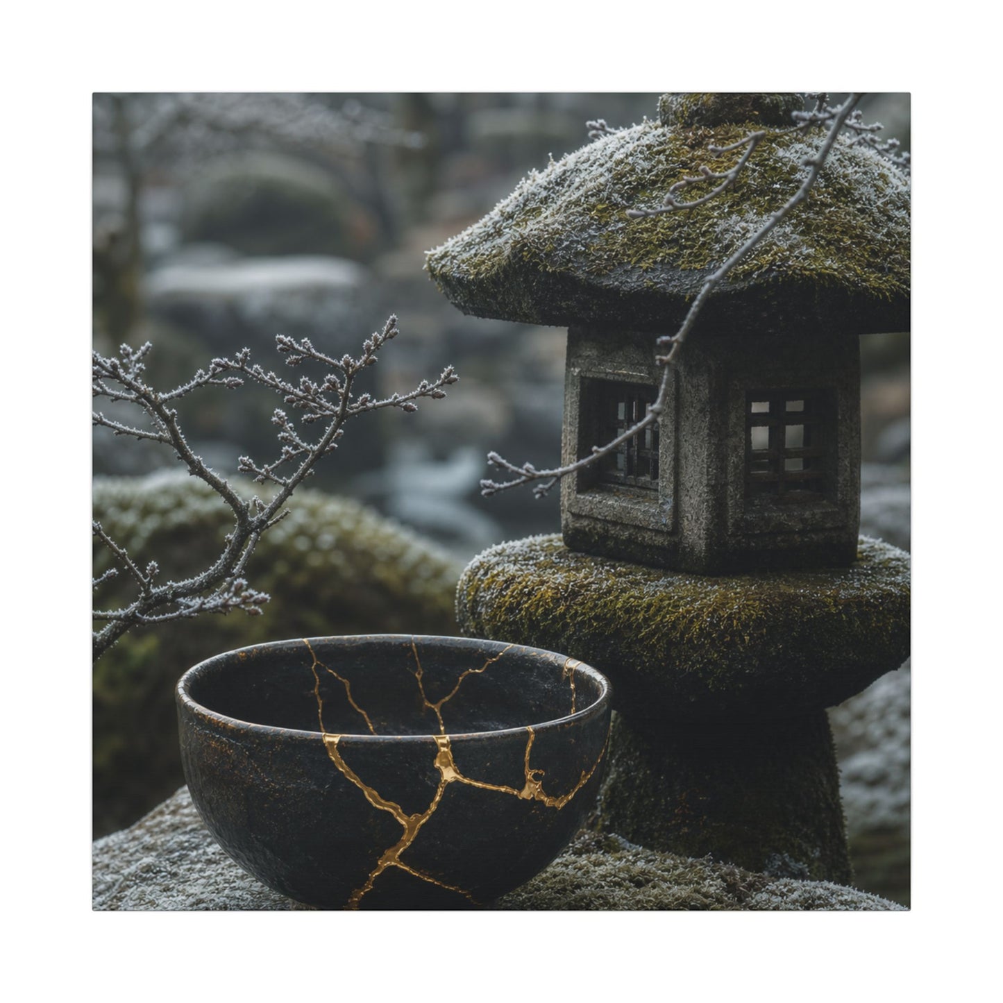 Stone Lantern Canvas Art | Winter Kintsugi Gold Repair Art