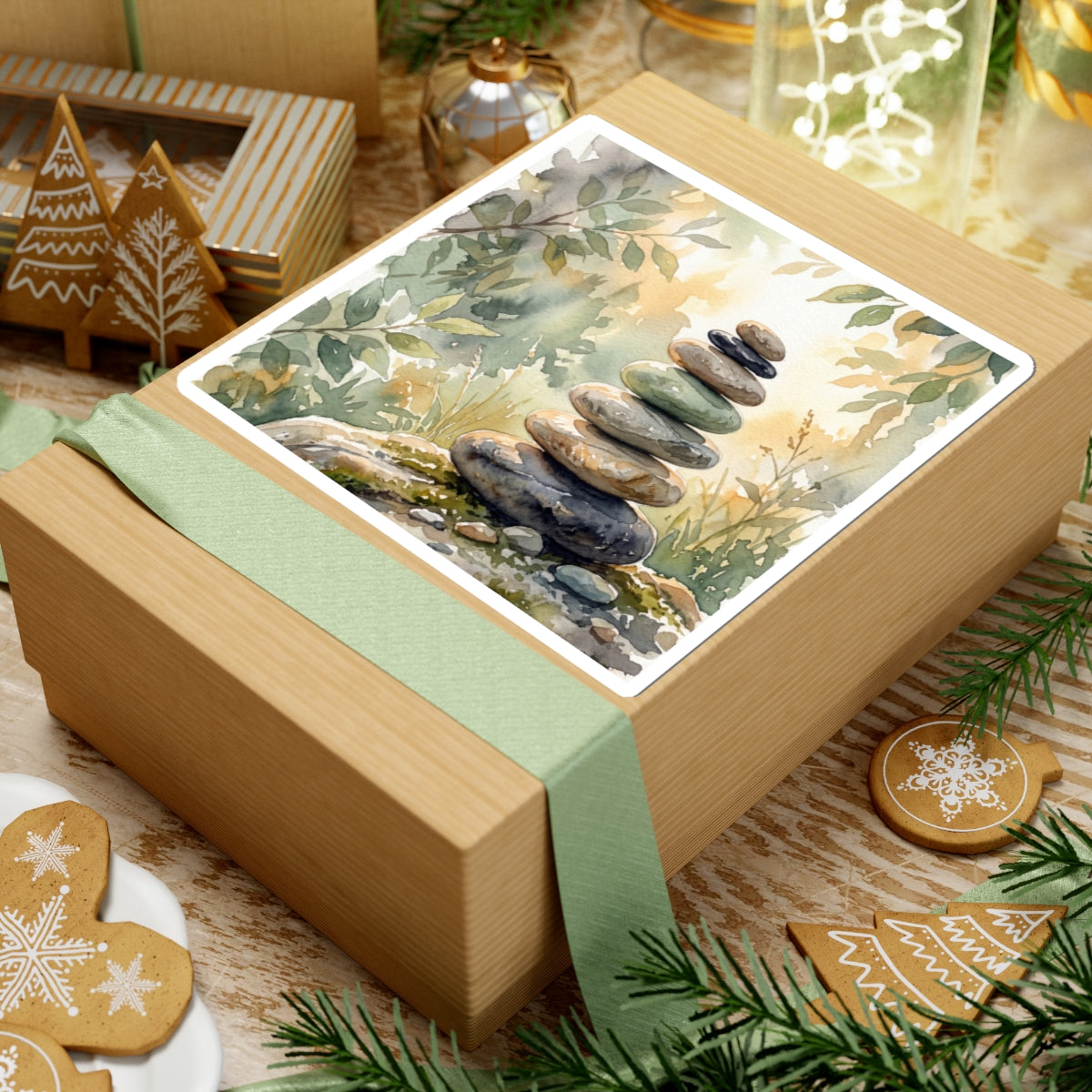 Mono No Aware River Stones Sticker - Japandi Watercolor Art Print