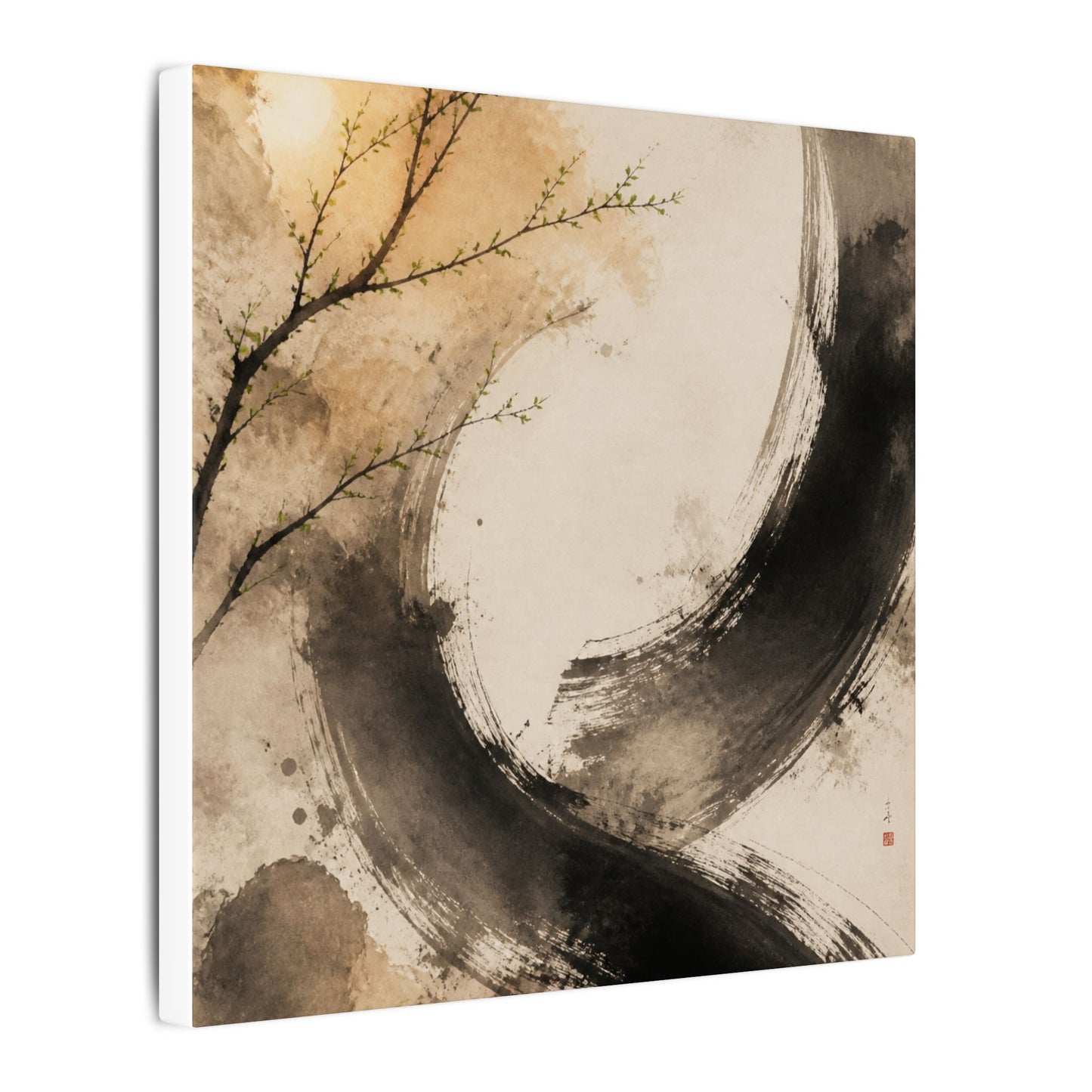 Japandi Ink Brushstroke in Golden Hour | Watercolor Canvas Art