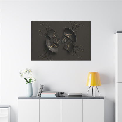 Sophisticated Broken Pottery Canvas Art - Charcoal Ink Dark Japandi