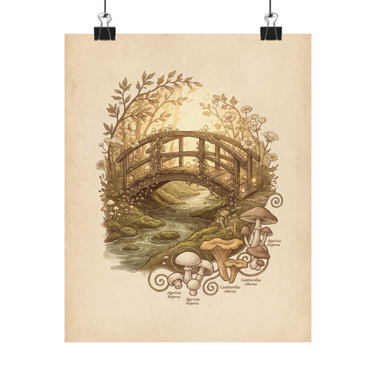 Wooden Bridge Mushroom Illustration Wall Art Print | Rustic Cottagecore Art