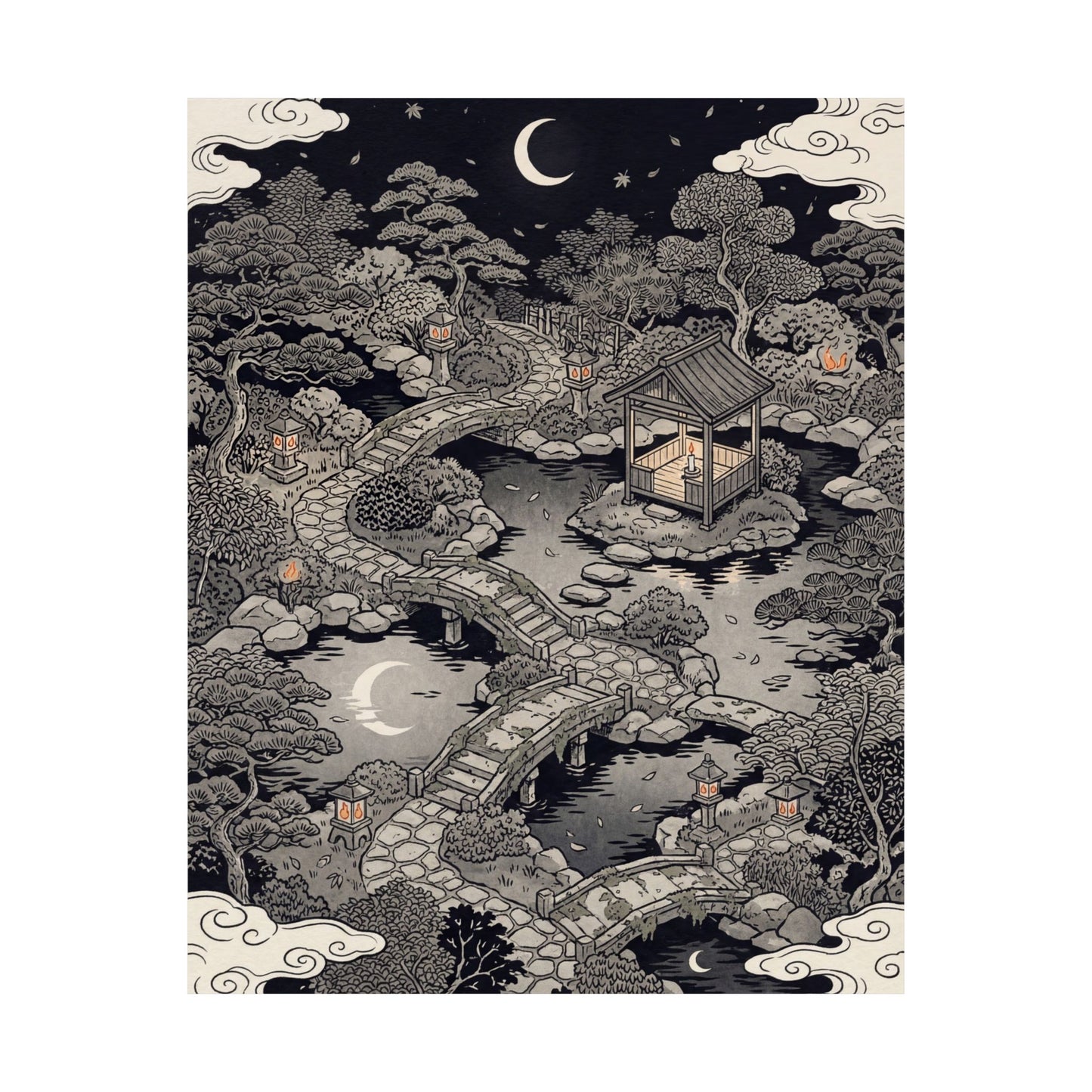 Summer Moonlit Garden Ukiyo E Inspired Wall Art Print | Serene Decor
