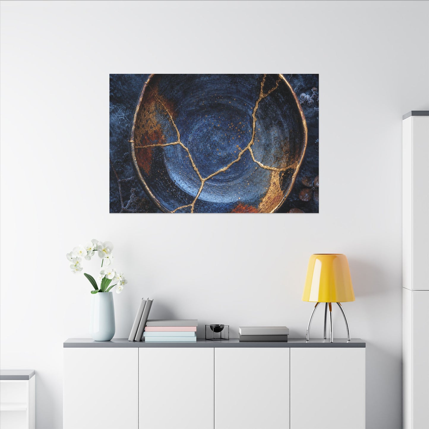Kintsugi Ceramic Bowl in Moonlight | Crackle Gold Canvas Art
