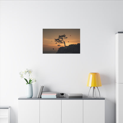 Dark Japandi Pine Tree in Golden Hour | Moody Minimal Canvas Art