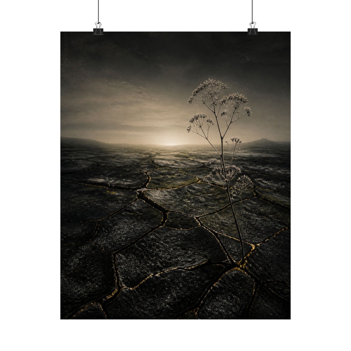 Dawn Cracked Earth Wall Art Print - Dark Japandi Mono No Aware