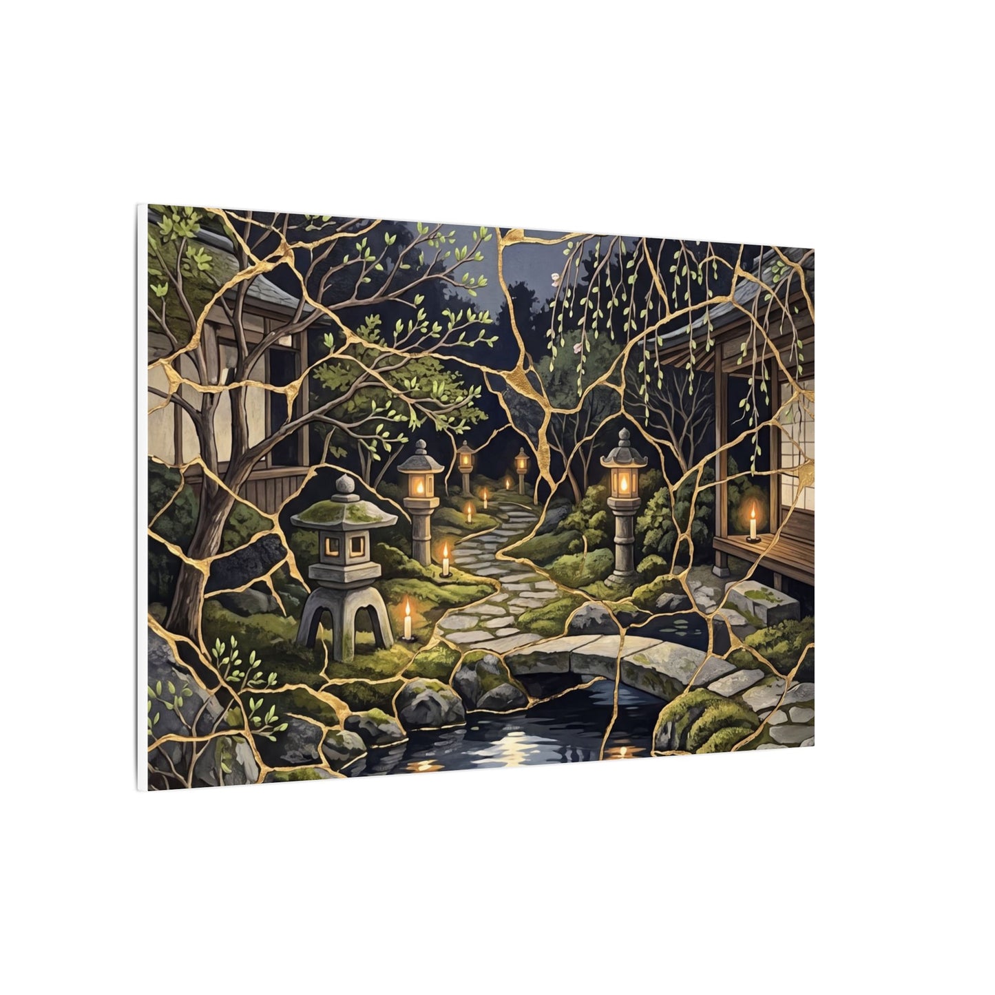 Kintsugi Moonlit Garden in Candlelight | Gold Vein Canvas Art
