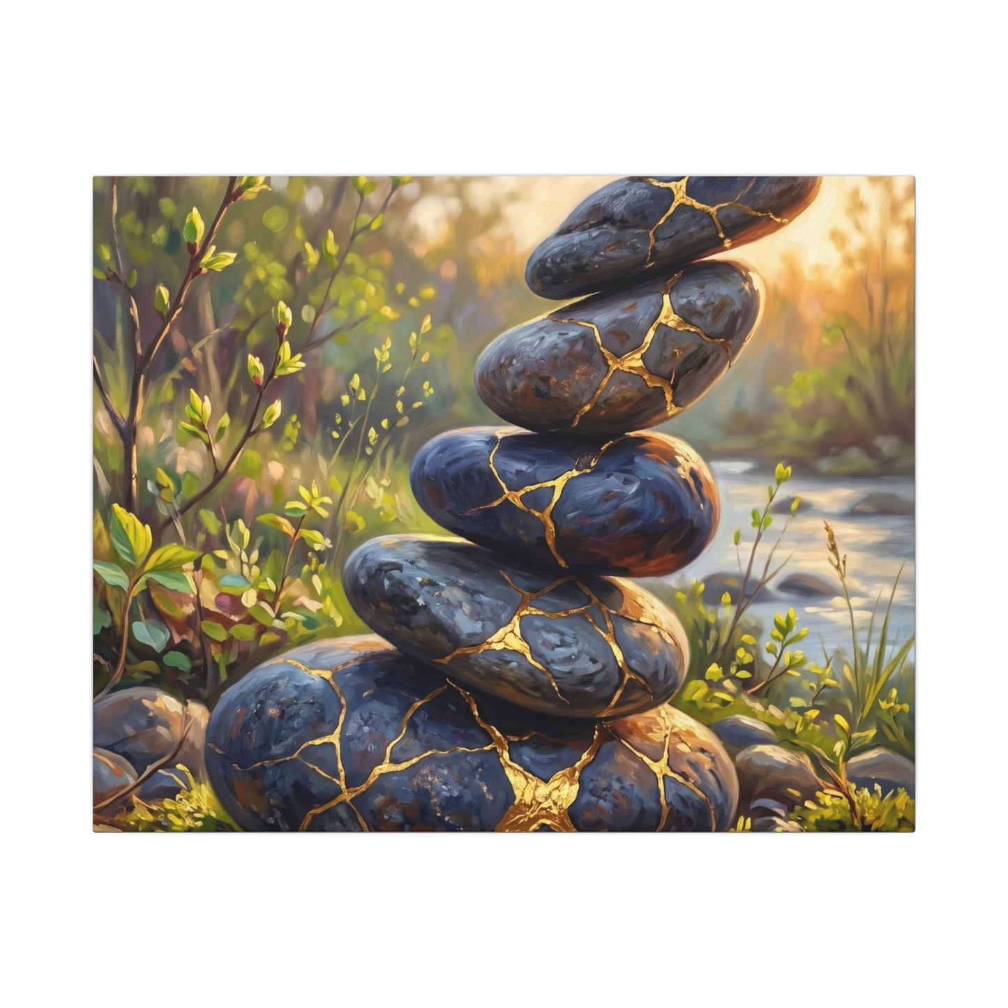 Spring River Stones Gold Repair Canvas Art | Healing Decor