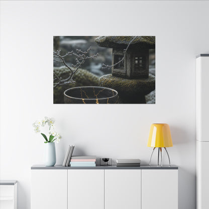 Stone Lantern Canvas Art | Winter Kintsugi Gold Repair Art